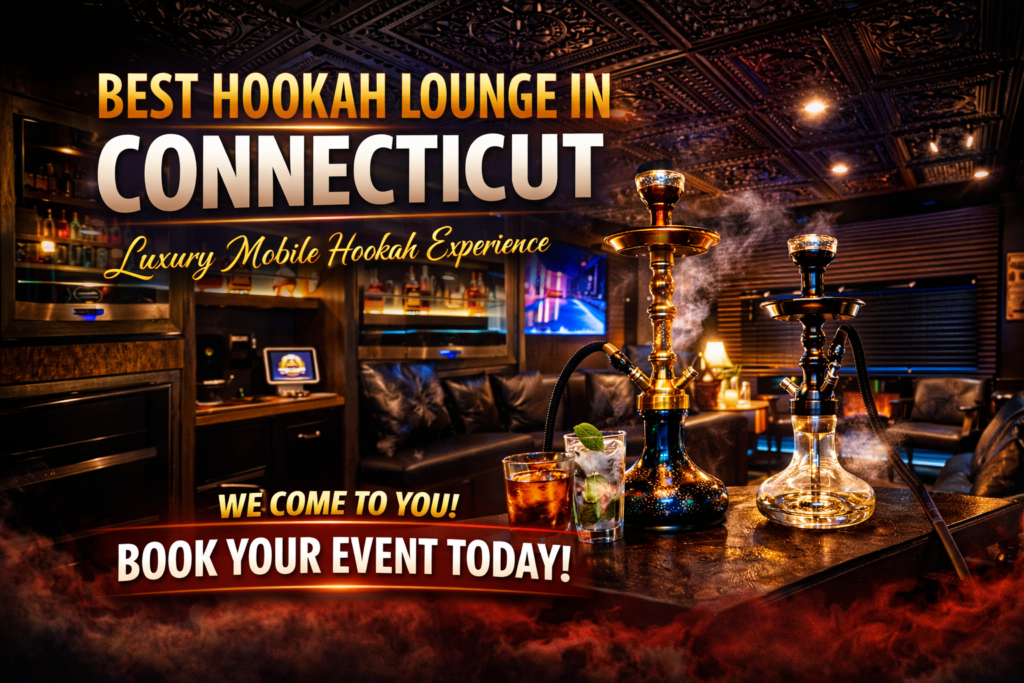 Luxury mobile hookah lounge interior by Fuego Hookah Lounge in Connecticut featuring premium hookah setups, leather seating, bar area, and ambient lighting for private events.