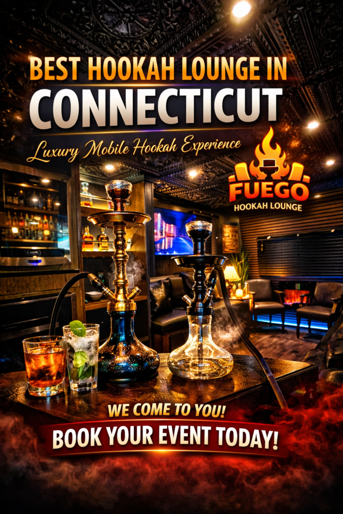 Luxury mobile hookah lounge interior by Fuego Hookah Lounge in Connecticut featuring premium hookah setups, leather seating, bar area, and ambient lighting for private events.