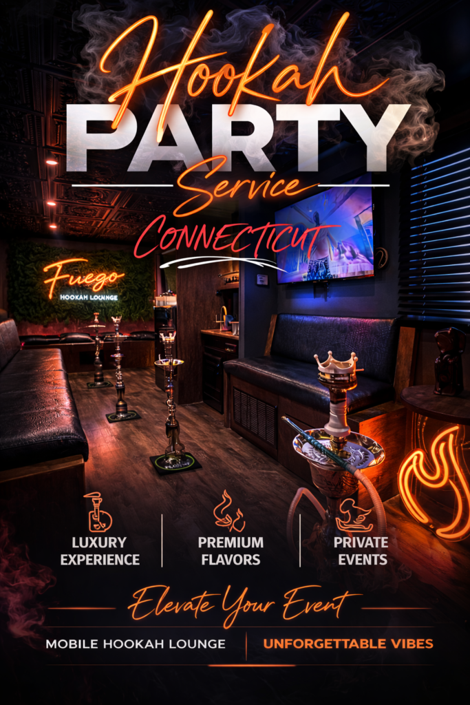 Luxury mobile hookah lounge providing hookah party service in Connecticut with smoke clouds and premium hookah setup.