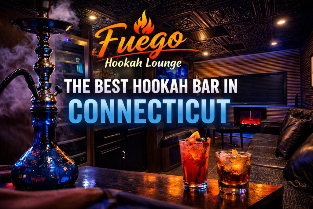 Luxury mobile hookah lounge interior by Fuego Hookah Lounge in Connecticut featuring leather seating, LED lighting, and premium setup