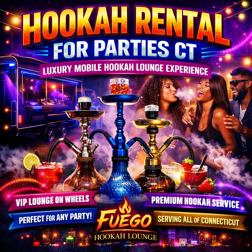 Luxury mobile hookah lounge setup with glowing hookahs, party lighting, and guests enjoying hookah rental for parties in Connecticut.